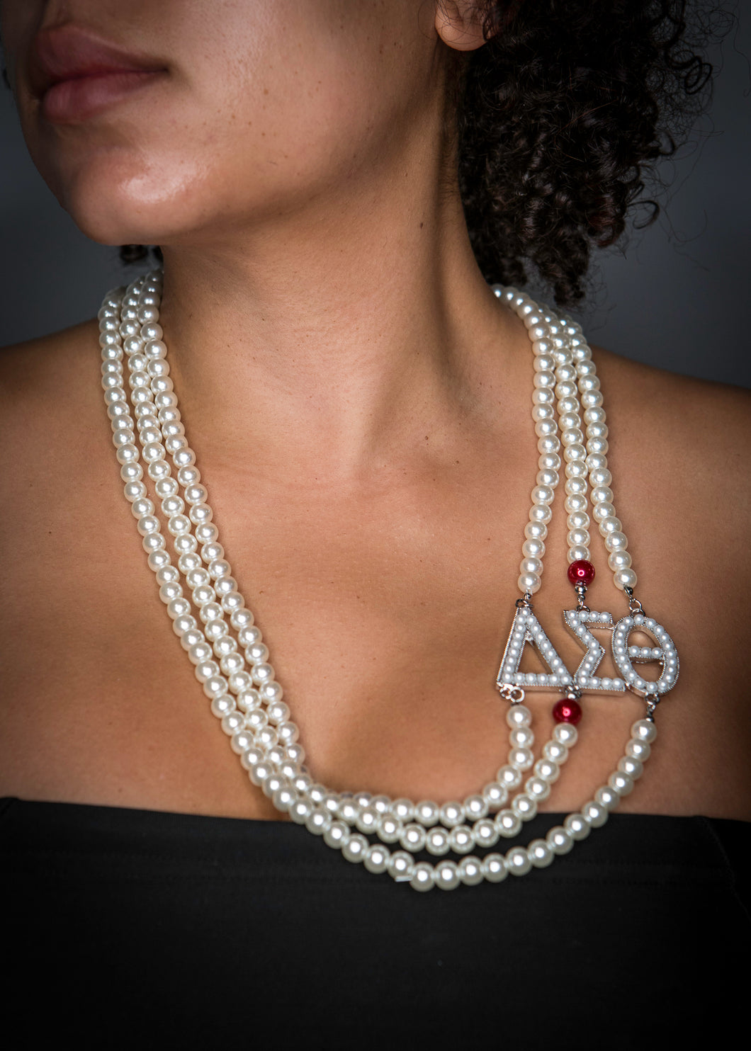 DST Pearl  Triple Strand w/Greek Letter and Red Pearls