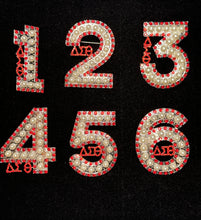 Load image into Gallery viewer, Pearl &amp; Red Rhinestone Line Number Pins (As seen on the Creamery)
