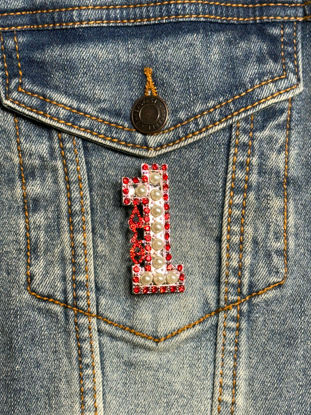 Pearl & Red Rhinestone Line Number Pins (As seen on the Creamery)