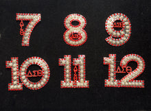 Load image into Gallery viewer, Pearl &amp; Red Rhinestone Line Number Pins (As seen on the Creamery)
