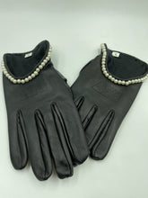 Load image into Gallery viewer, Black Leather Pearl &amp; Greek Letter Embossed Gloves
