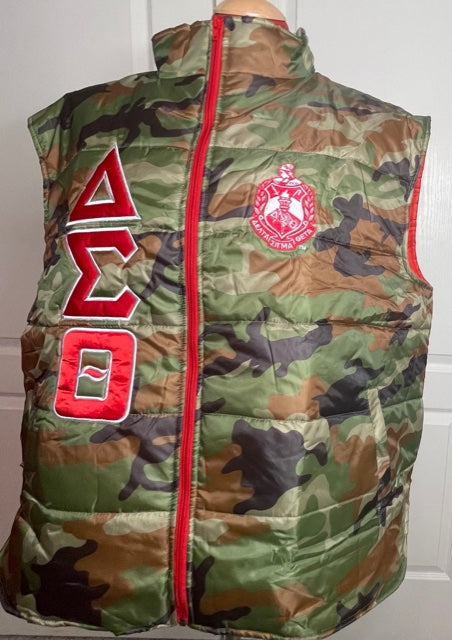 Camouflage Puff Vest Greek Letters/w Crest