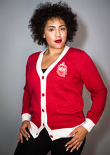 Load image into Gallery viewer, Classy Red Cardigan w/White Trim, Crest and Red Elbow Patches
