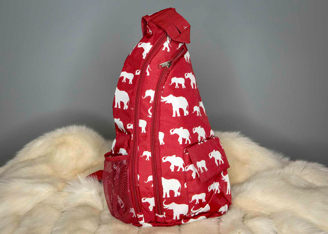 Crimson and White One Strap Sling Backpack Elephant Pattern