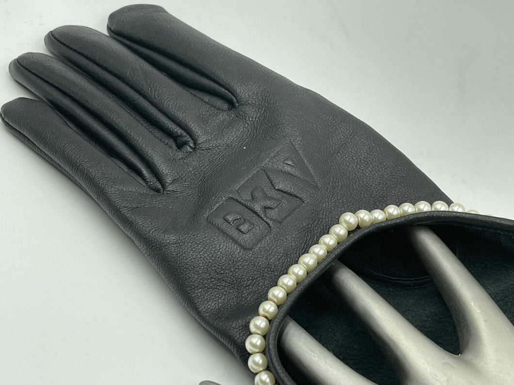 Black Leather Pearl & Greek Letter Embossed Gloves
