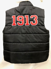 Load image into Gallery viewer, Black Puff Vest w/Greek Letters, Crest and 1913
