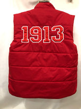 Load image into Gallery viewer, Red Puff Vest w/Greek Letters, Crest and 1913
