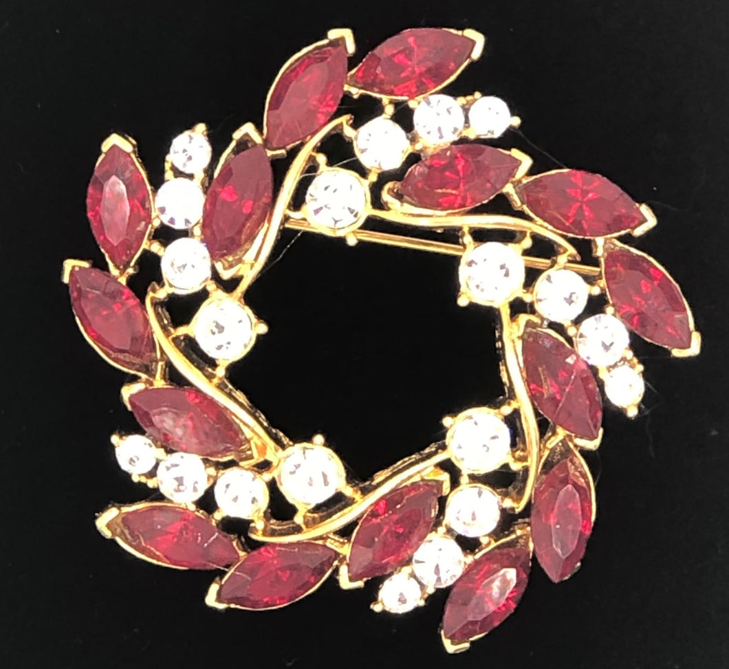 Red & White Crystal Wreath Pin